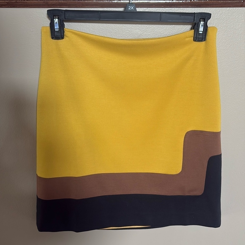 LOFT ponte skirt color block mustard black brown straight pencil fit zippered 6